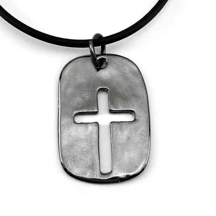 necklaces layered stackable set -Cross Tag Gunmetal Finish Black Cord Necklace