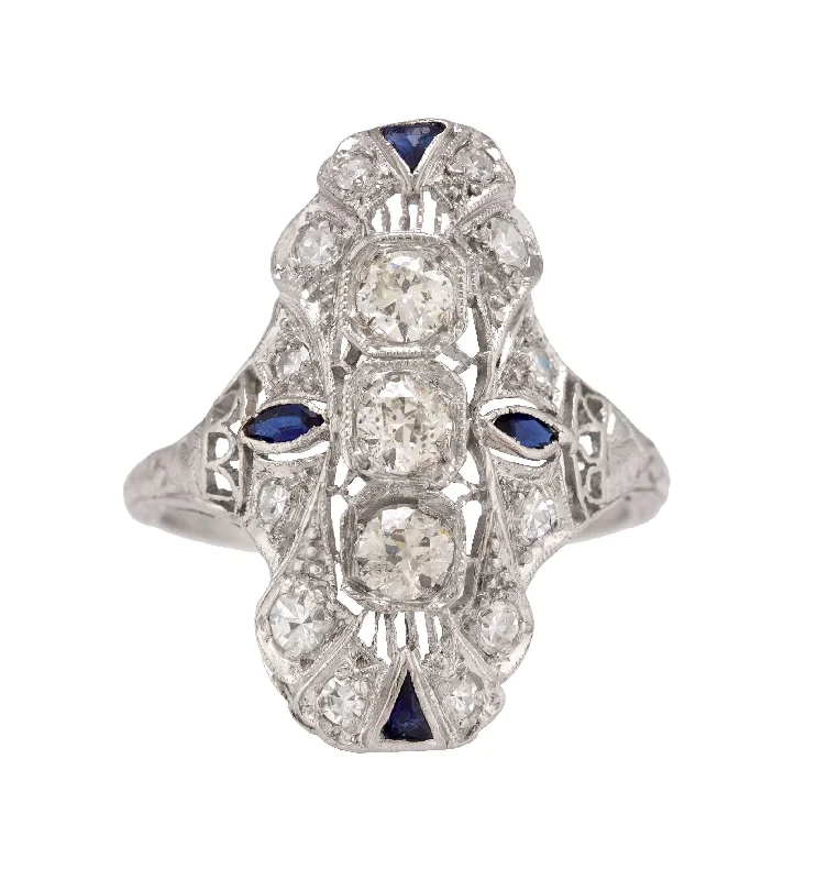 ladies engagement rings with filigree detail -1930's Antique Art Deco Platinum 0.85ctw Diamond Sapphire Filigree Dinner Ring