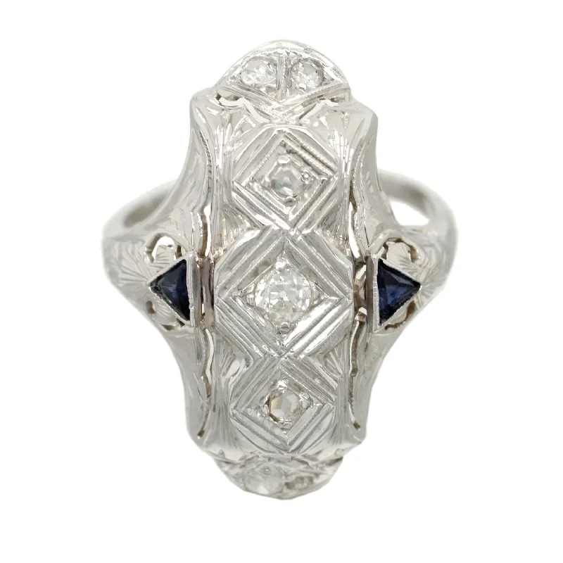 ladies engagement rings infinity symbol -Antique Art Deco 0.40ctw Diamond & Sapphire Cocktail Ring in 18k White Gold