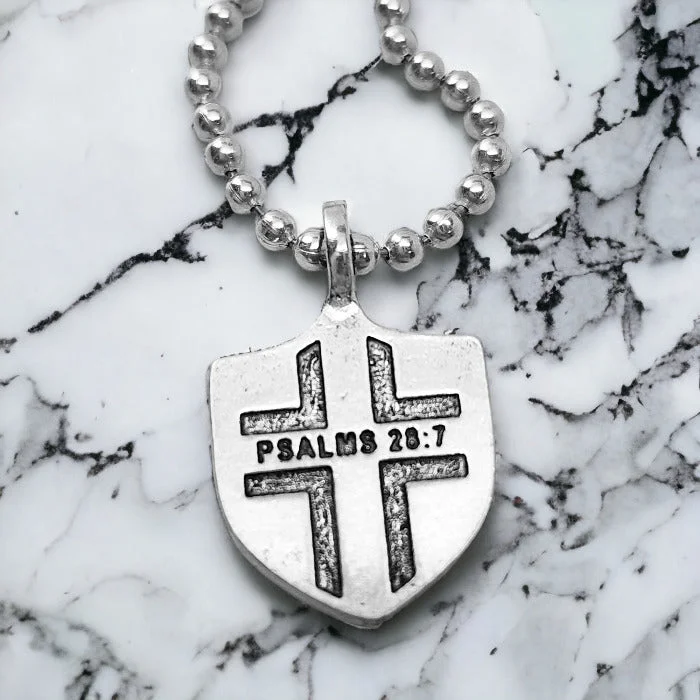 necklaces for stylish women -Psalms 28:7 Shield Antique Silver Pendant Ball Chain Necklace