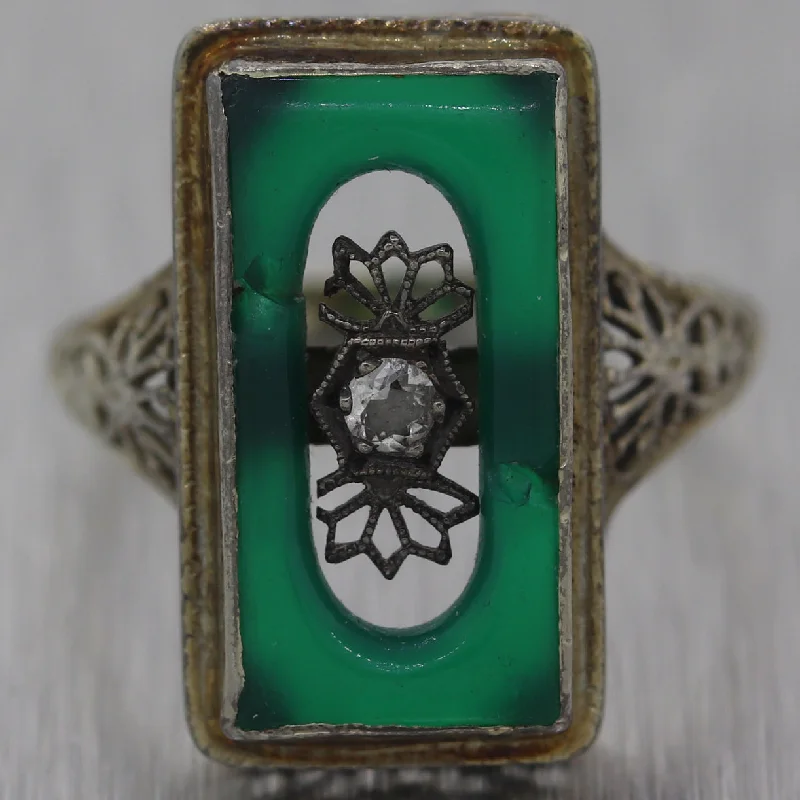 ladies engagement rings marquise cut diamond -1930's Antique Art Deco 14k White Gold Green Onyx & Diamond Filigree Ring