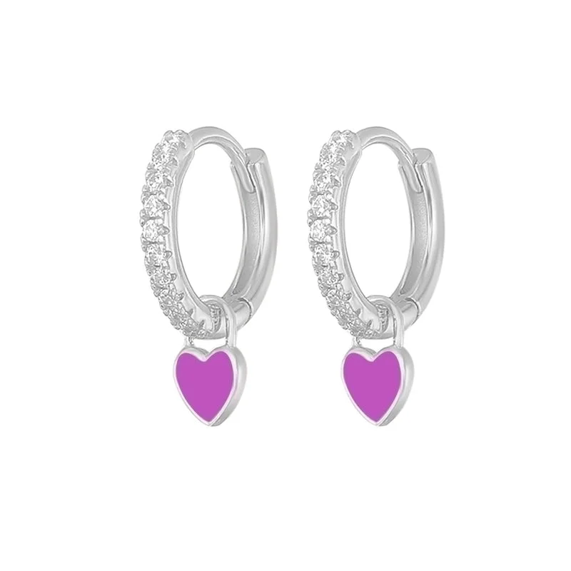 Love Heart Earrings/White Gold Color/Purple