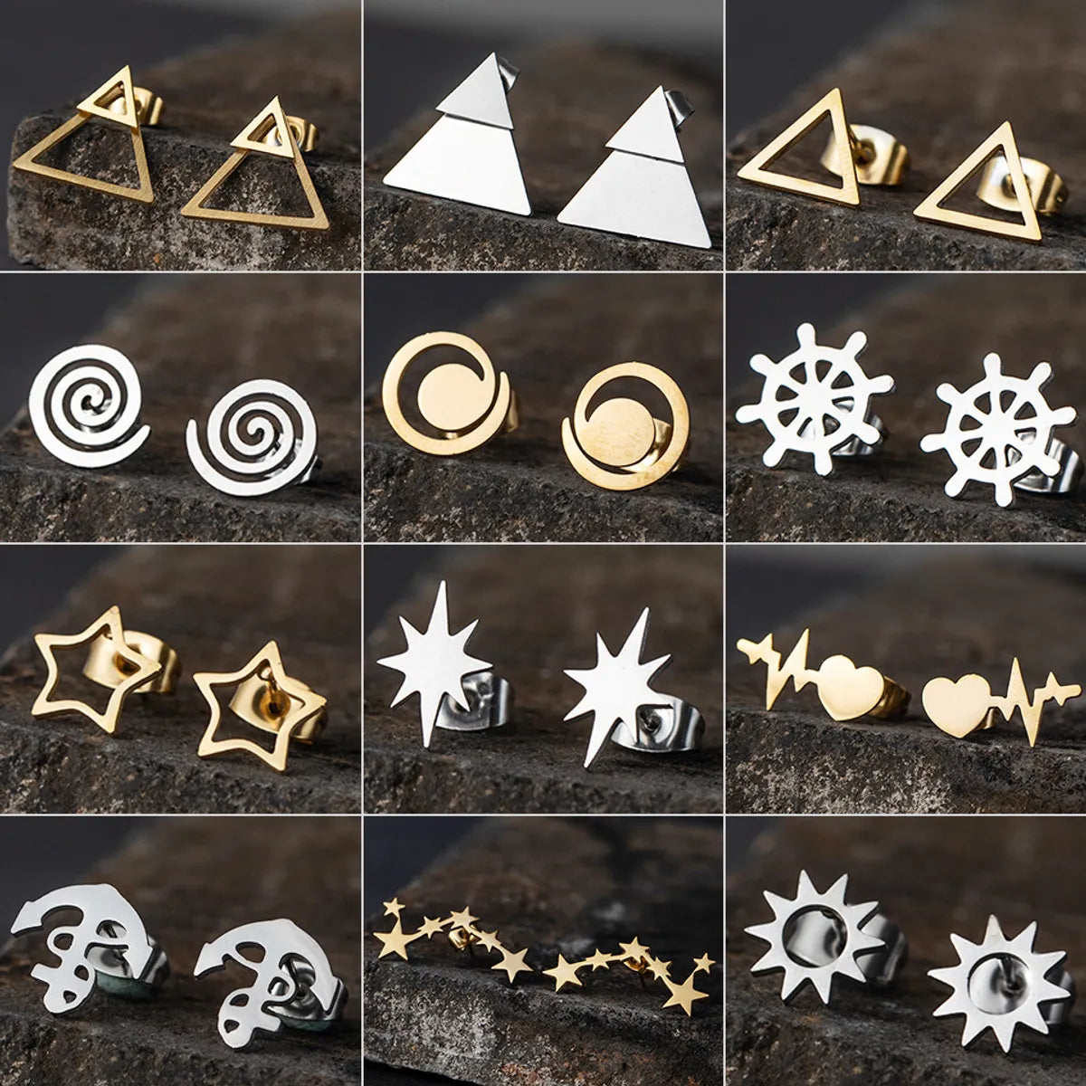 ladies earrings hypoallergenic metal -1 Pair Hip-Hop Triangle Star Heart Shape Stainless Steel Ear Studs