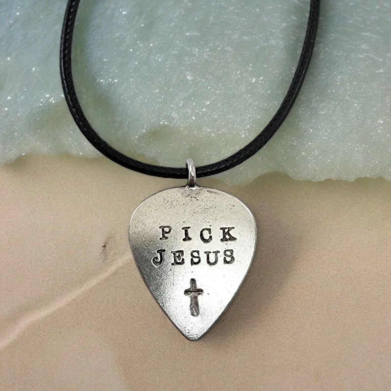 necklaces with feather pendant -Guitar Pick Jesus Cross Antique Silver Finish Pendant Black Cord Necklace