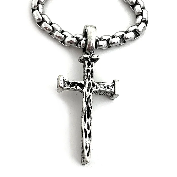 necklaces choker sleek style -Nail Cross Antique Silver Stainless Steel Heavy Chain Necklace