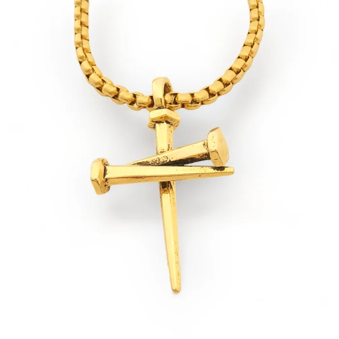 necklaces with gold plating -Nail Cross Pendant Necklace Gold Finish Heavy Chain