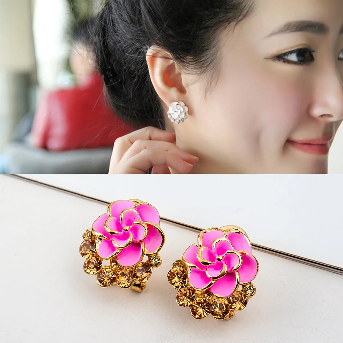 ladies earrings for prom night -1 Pair Fashion Flower Enamel Plating Inlay Alloy Artificial Rhinestones Gold Plated Ear Studs