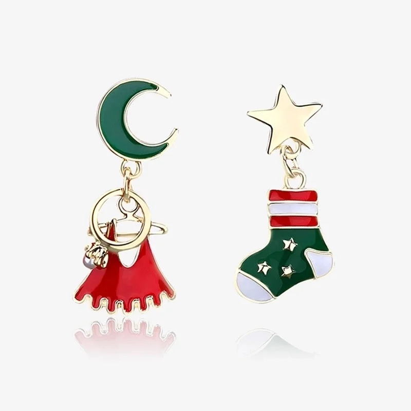 Oil Dripping Star and Moon Ear Studs Christmas Socks Skirt Earrings