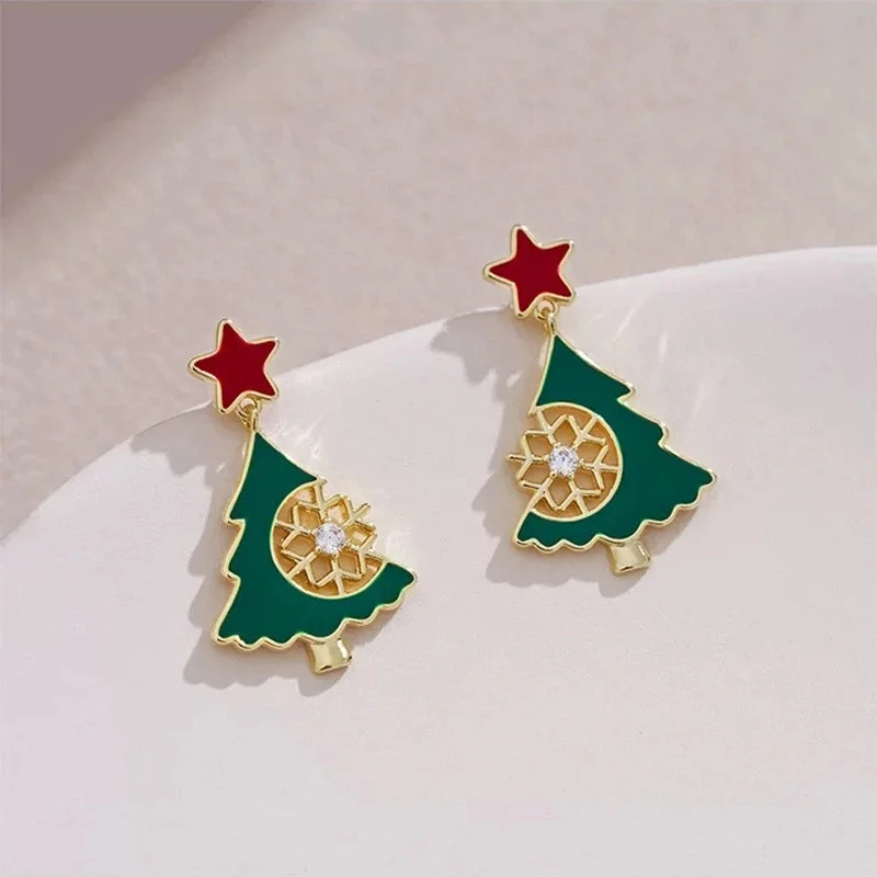 Silver Needle: Red Star Christmas Tree Snowflake Earrings