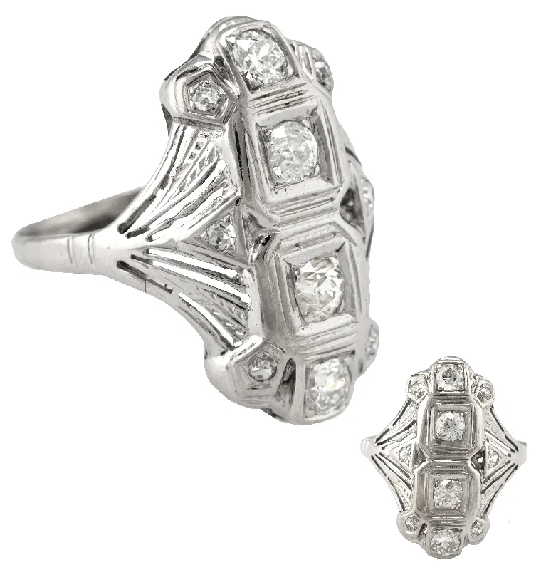 ladies engagement rings cluster ring style -Ladies Antique Art Deco 14K White Gold 0.72ctw Diamond Cocktail Ring