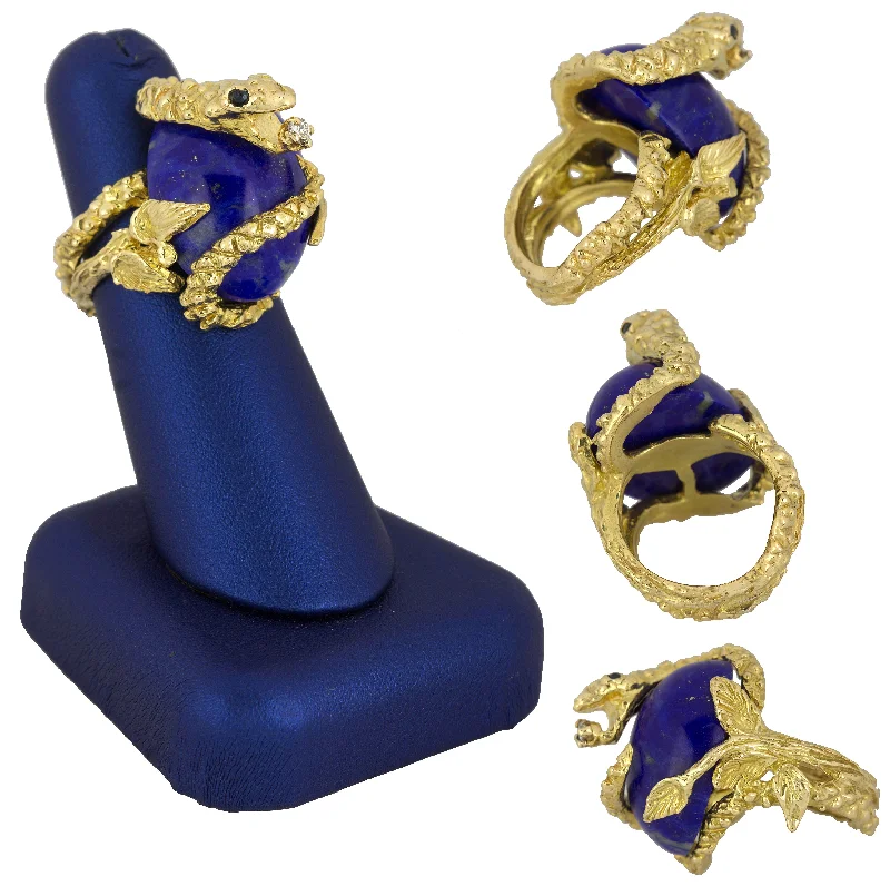 ladies engagement rings for petite hands -Retro 18k Yellow Gold Snake Coiled Lapis Lazuli Diamond Sapphire Cocktail Ring