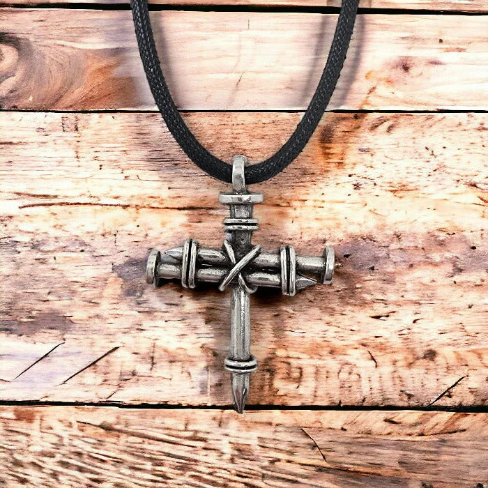 necklaces for men leather style -Pewter Nail Cross Necklace Silver