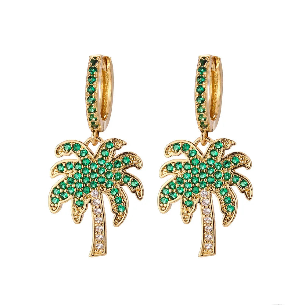 ladies earrings geometric pattern -Korean Long Coconut Tree Color Diamond Earrings