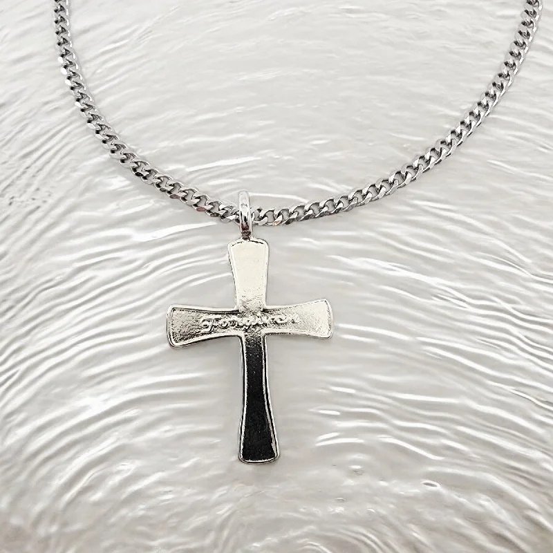 necklaces sleek modern design -Forgiven Cross Rhodium Metal Finish Curb Chain Necklace