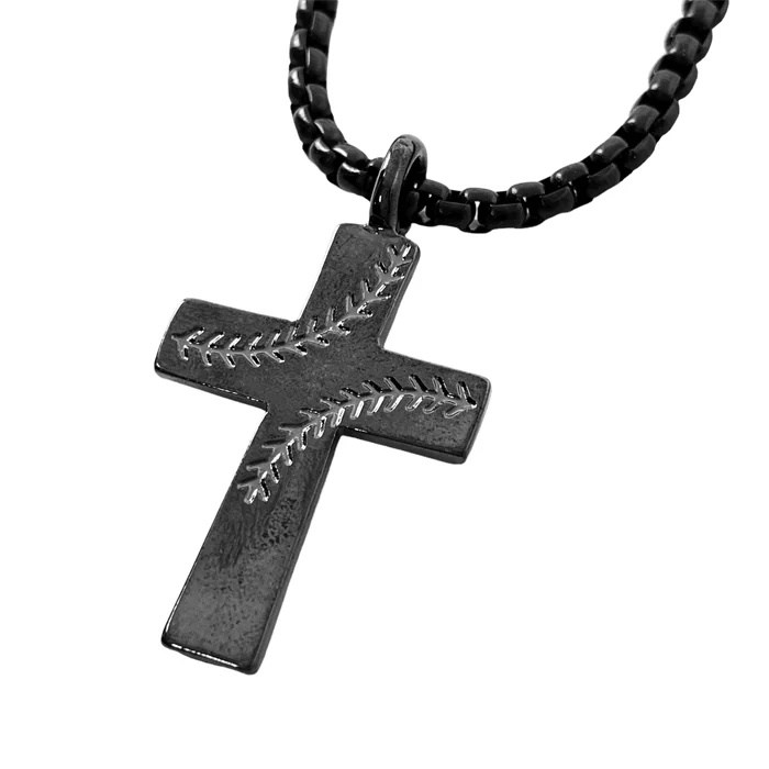 necklaces hypoallergenic metal -Cross Stitch Dark Metal Finish Baseball Pendant Dark Metal Heavy Chain Necklace