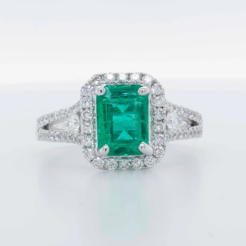 ladies engagement rings green peridot glow -18k White Gold 1.75ct Em Cut Emerald & Diamond Halo Ring 0.50ctw G VS Size 6