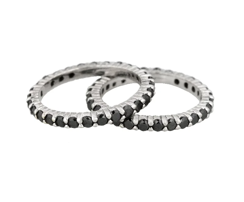 ladies engagement rings with diamond solitaire -Set of 2 Modern 14K White Gold 1.68ctw Black Diamond 2mm Eternity Band Rings