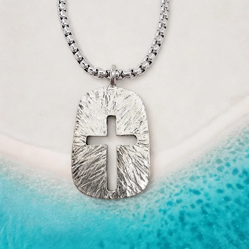 necklaces with turquoise stone -Cross Tag Hammered Texture Double Sided Antique Silver Metal Finish Heavy Chain Necklace