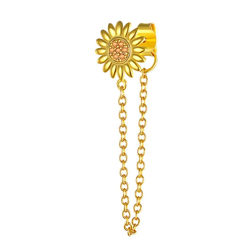 Golden Single Sunflower Hanging Earrings