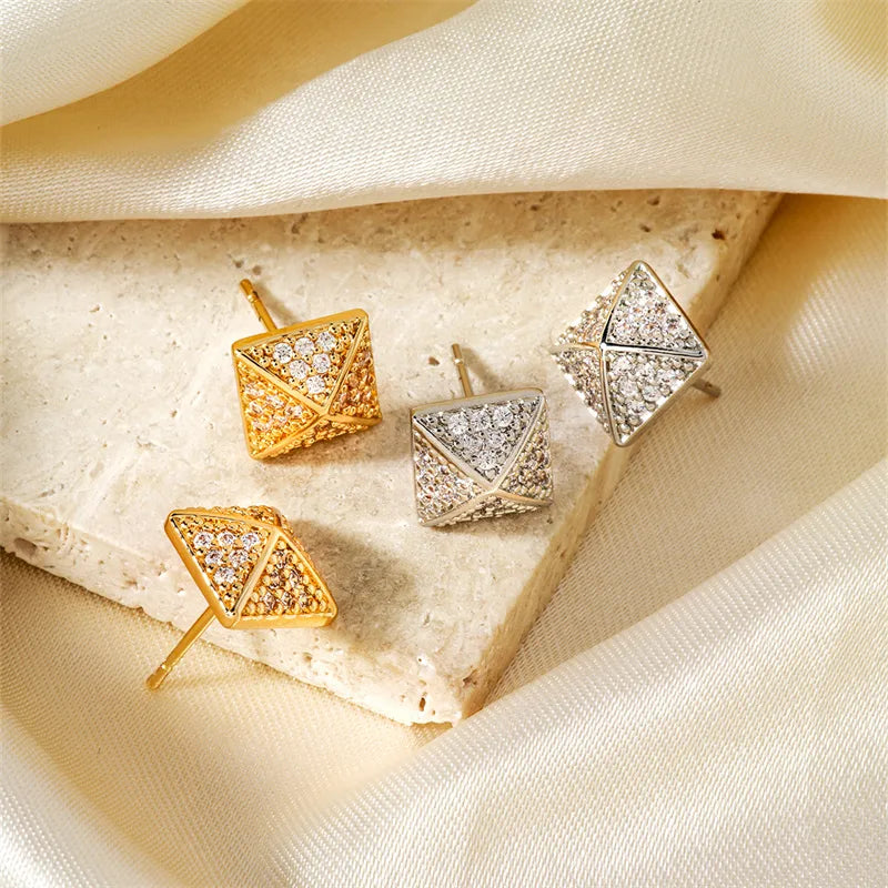 ladies earrings silver drop design -1 Piece Retro Simple Style Shiny Square Pyramid Three-Dimensional Inlay Copper Zircon K Gold Plated Rhodium Plated Ear Studs