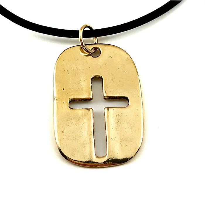 necklaces with floral charm -Cross Tag Gold Finish Black Cord Necklace