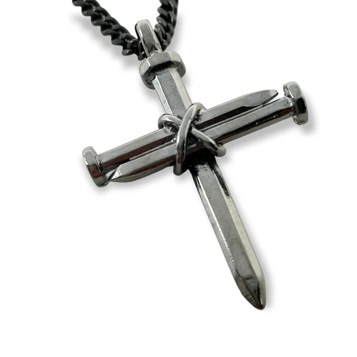 necklaces with engraved name -Nail Cross Dark Metal Finish Pendant Dark Finish Chain Necklace