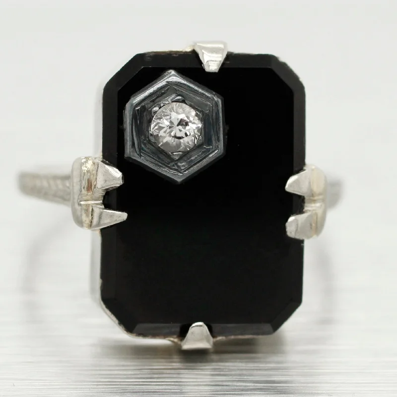 ladies engagement rings white sapphire purity -Antique Art Deco 0.05ct Diamond and Onyx Cocktail Ring - 18k White Gold