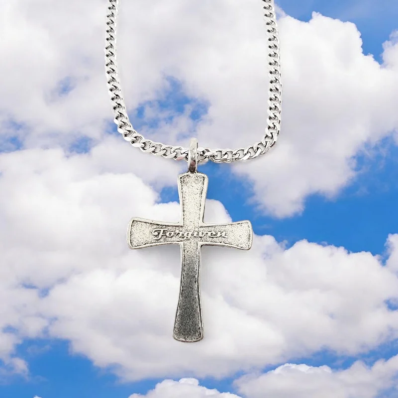 necklaces with lock charm -Cross Forgiven Antique Silver Metal Finish Curb Chain Necklace