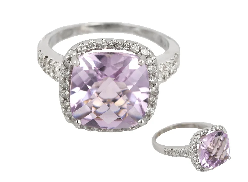 ladies engagement rings with crystal accents -14K White Gold 11mm Cushion-Cut Amethyst 0.61ctw Diamond Halo Cocktail Ring