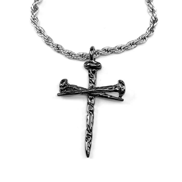 necklaces with opal gem -Nail Cross Gunmetal Finish Pendant Necklace Silver Rope Chain