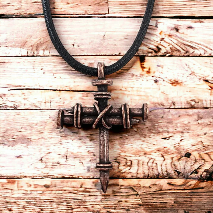 necklaces with green emerald -Pewter Nail Cross Necklace Copper