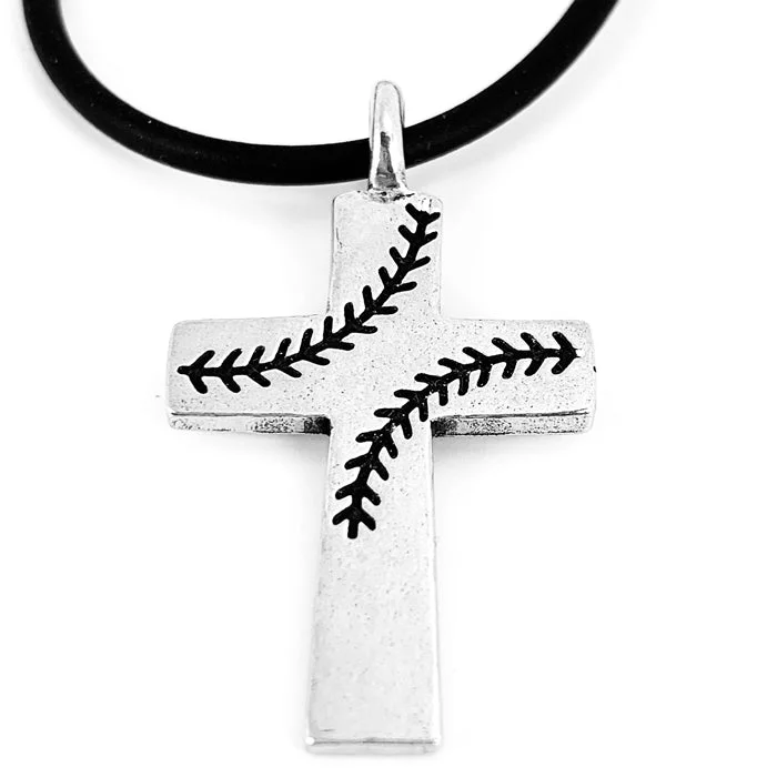 necklaces with peridot green -Baseball Stitch Cross Necklace on Black Rubber