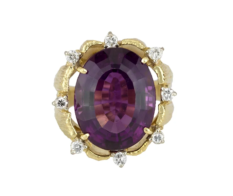 ladies engagement rings asscher cut style -Women's Modernist 18K Yellow Gold 22x17mm Oval Amethyst Diamond Cocktail Ring