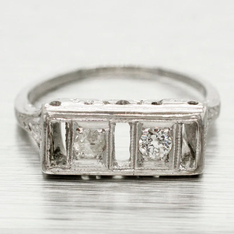 ladies engagement rings radiant cut stone -Antique Art Deco 0.20ctw Double Diamond Bar Ring - 18k White Gold