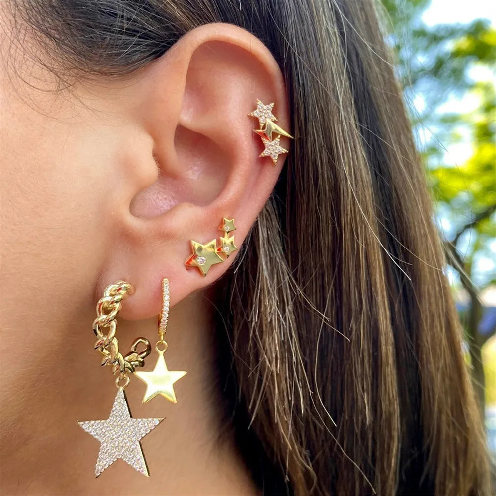 ladies earrings vintage inspired -1 Set Shiny Pentagram Plating Inlay Brass 18k Gold Plated Drop Earrings