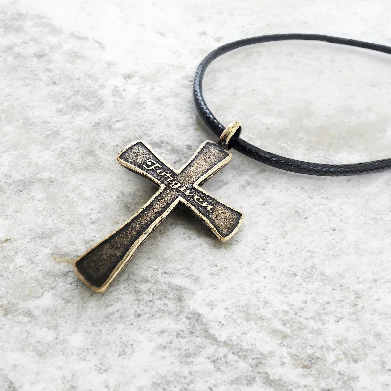 necklaces with gemstone beads -Forgiven Cross Antique Brass Metal Finish Black Cord Necklace