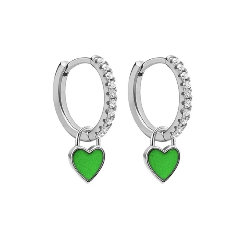 Love Heart Earrings/White Gold Color/Green