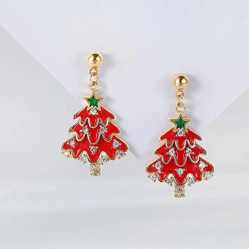 Silver Needle: Ball Nail Red Dripping Christmas Tree Earrings