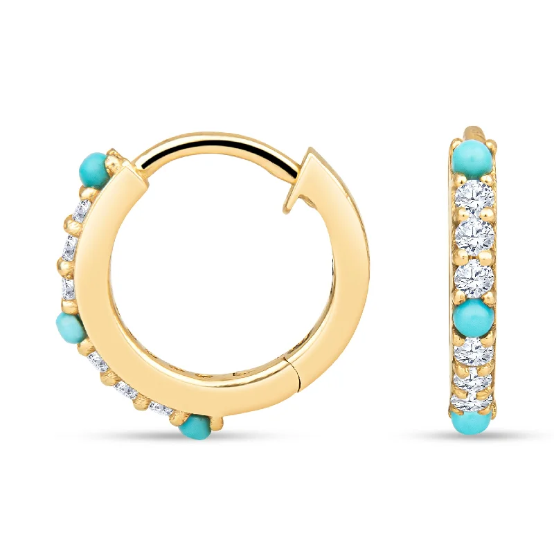 ladies engagement rings with pearl detail -Ashton 14K Gold Turquoise Huggies with White Diamonds