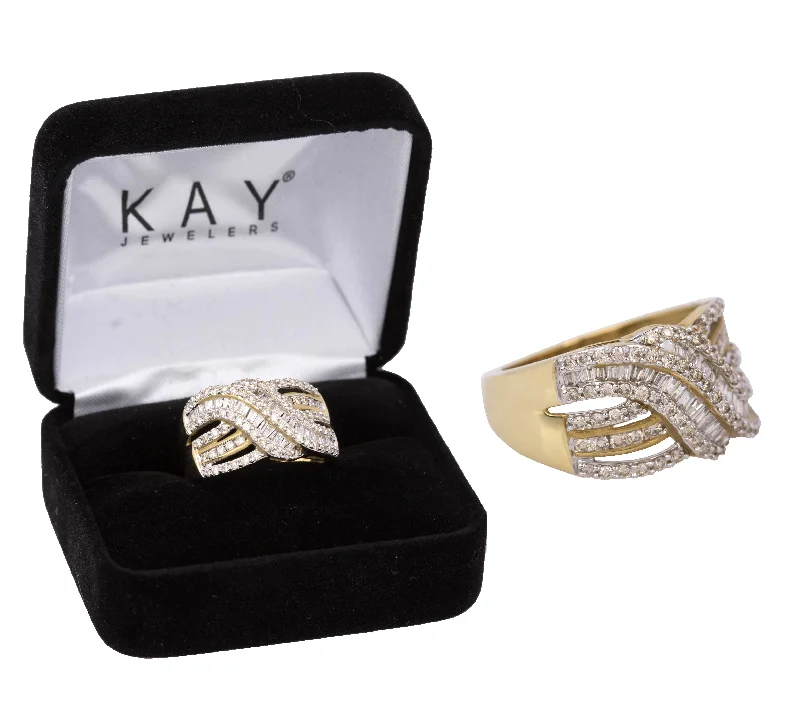 ladies engagement rings bezel set gem -Kay Jewelers 10K Yellow Gold 1 CT Round & Baguette Diamond Crossover Ring