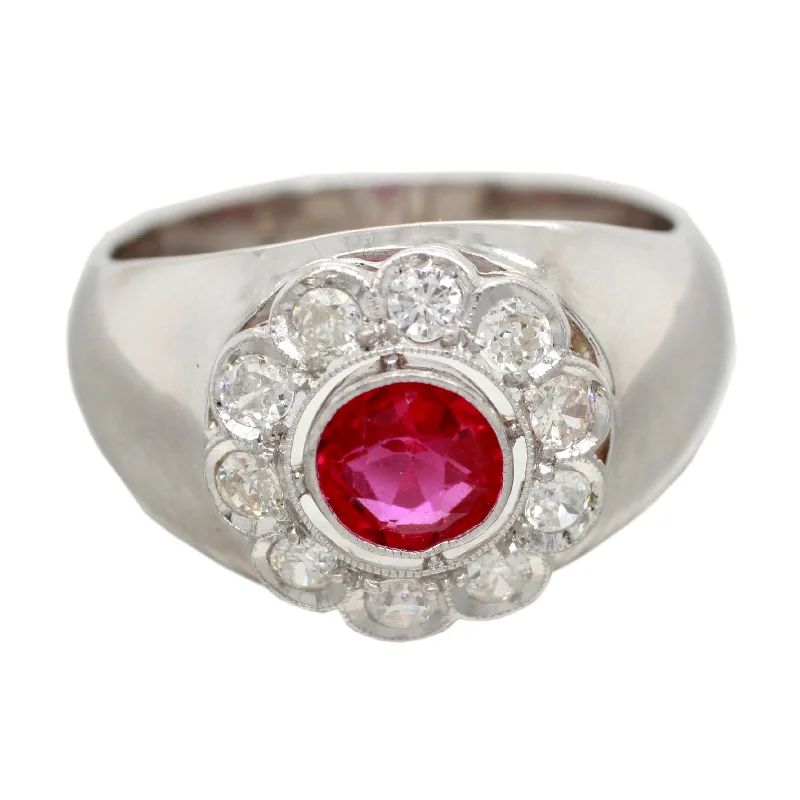 ladies engagement rings affordable price -Antique Art Deco 0.75ct Ruby and Diamond Flower Band Ring in 18k White Gold