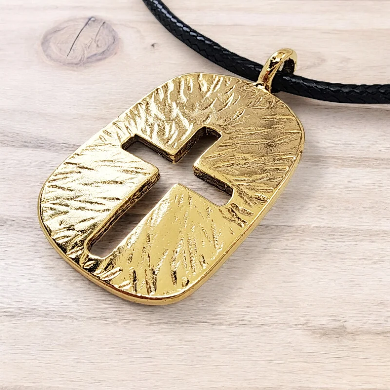 necklaces with birthstone charm -Cross Tag Hammered Gold Metal Finish Black Cord Necklace