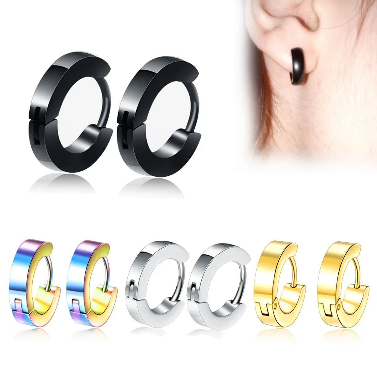 ladies earrings with gold plating -Retro Round Stainless Steel Hoop Earrings 1 Piece