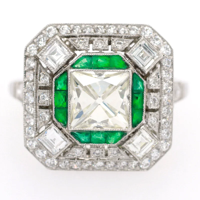 ladies engagement rings with ruby stone -Antique Art Deco 2.50ctw Diamond & Emerald Square Cocktail Ring - Platinum