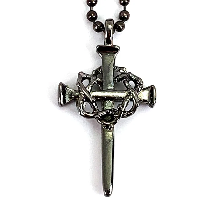 necklaces lightweight daily use -Nail Crown Cross In Gunmetal Finish with Gunmetal Ball Chain Necklace