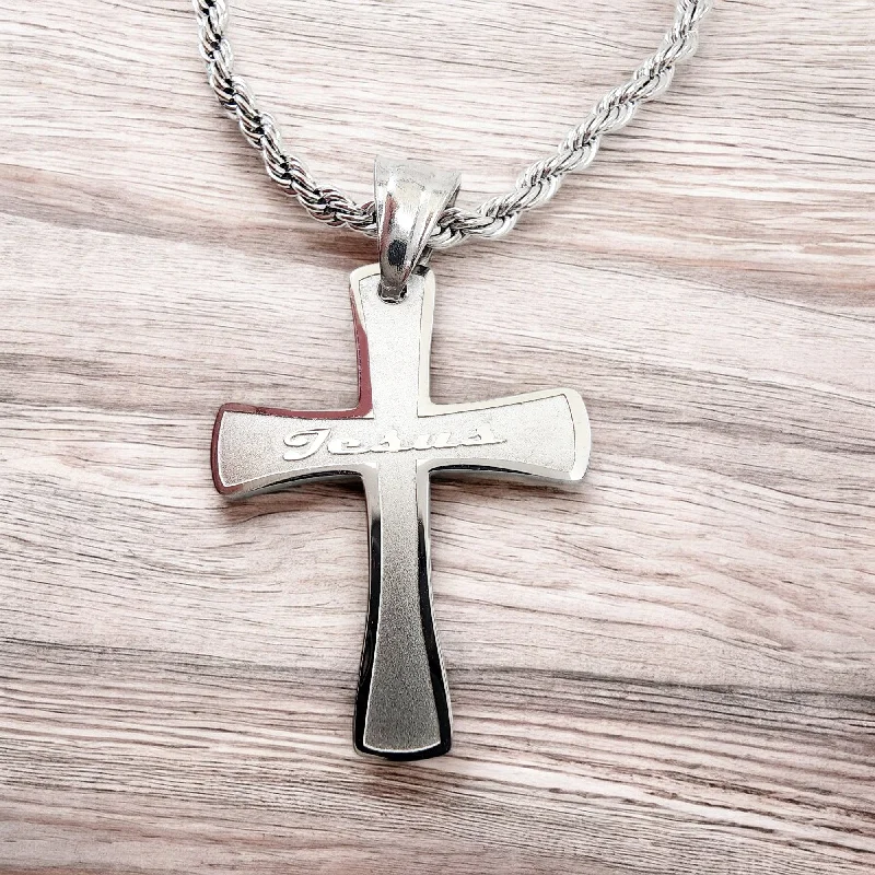 necklaces with pearl drop -Cross Jesus Stainless Steel Rope Chain Necklace