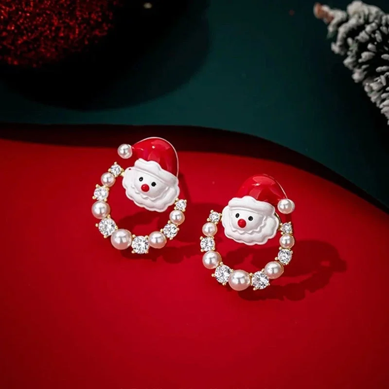 Silver Needle: Circle Christmas Snowman Ear Studs