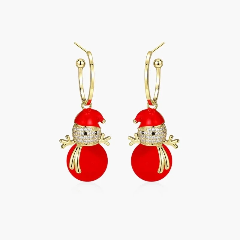 C- Shaped Ear Ring Christmas Snowman Red Pearl Earrings