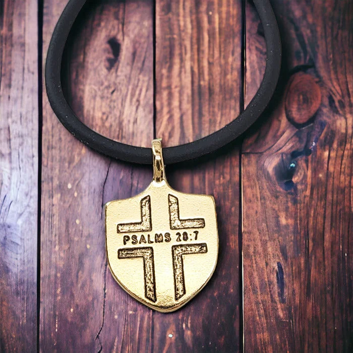 necklaces for daily elegance -Psalms 28:7 Shield Gold Metal Pendant Black Cord Necklace