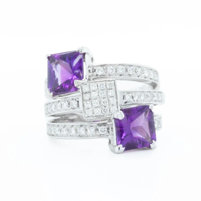 ladies engagement rings with moonstone -18K White Gold Diamond Amethyst Triple Row Triple Square Ring 0.50ctw Size 6.25